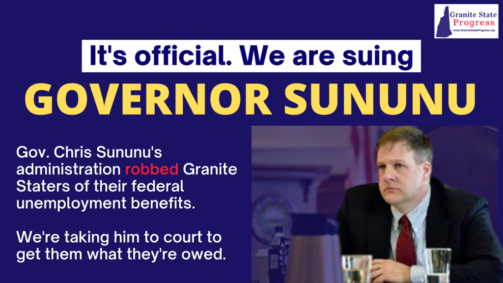 Text: It's official. We are suing Gov. Sununu. Image: Sununu sitting at desk.